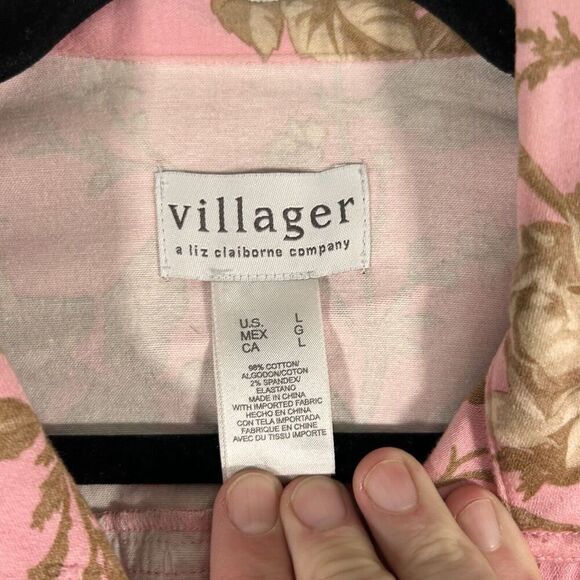 Villager Liz Claiborne Jacket Women's Large Pink Floral Button Up Stretch Cotton - Picture 6 of 10